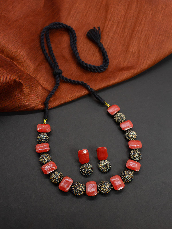 Rectangular Design Hand Engraved Finish Terracotta Jewellery Set