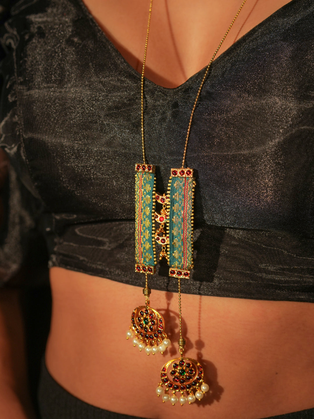 Gold Tone Temple Necklace- Zari necklace with chain- Green