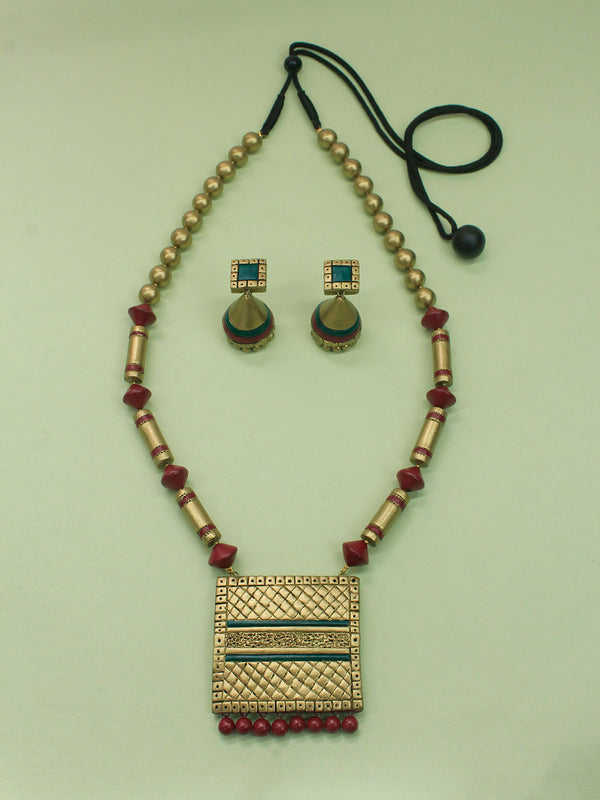 Mandala Art Square Design Maroon Antique Gold Dark Green Handmade Terracotta Long Necklace Set