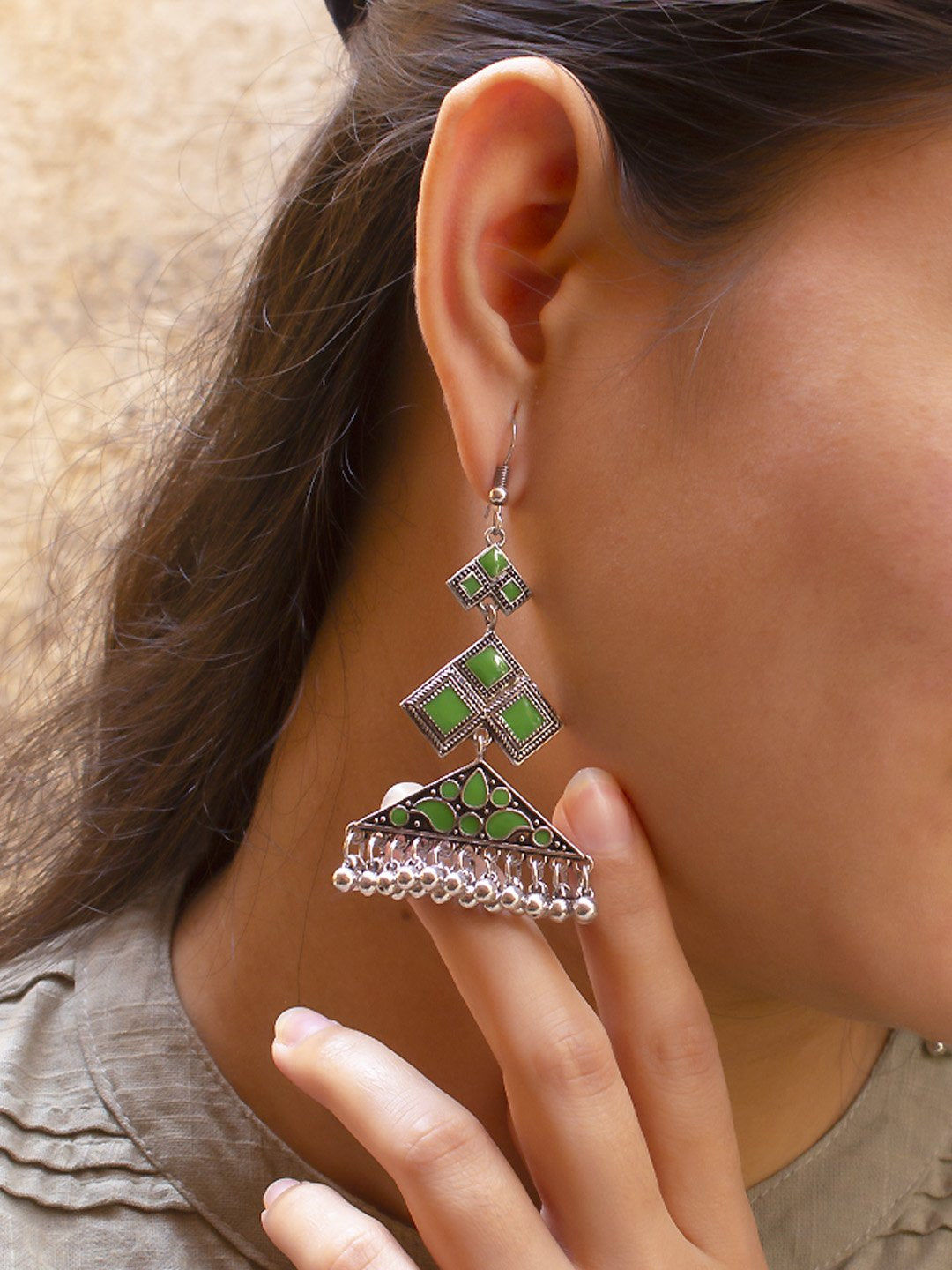 Silver Plated Rhombus Design Green Color Enamel Painted With Hanging Silver Beads Dangler Earring