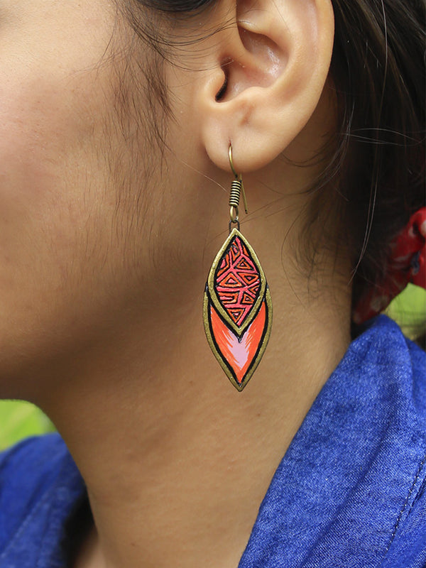 Orange Pink Antique Bronze Leaf Shape Handmade Terracotta Earrings