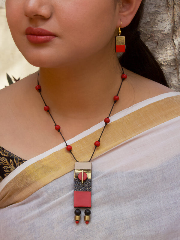 Rectangular Design Hand Painted Terracotta Jewellery Set