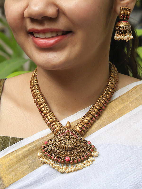 Lakshmi Durga Design Antique Gold Pink Short Length Handmade Terracotta Necklace Set