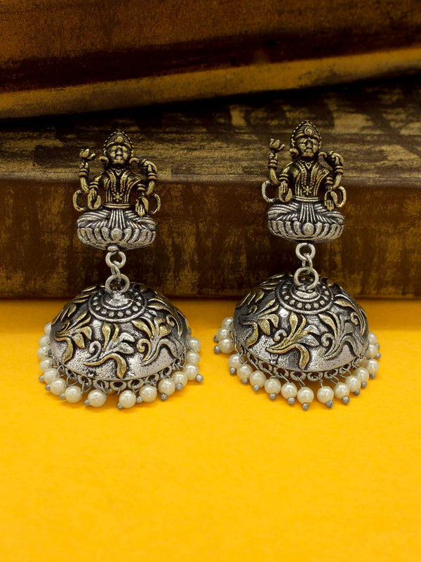 Dual tone Color Oxidised German Silver Lakshmi Design Jhumka Earring by Panaah