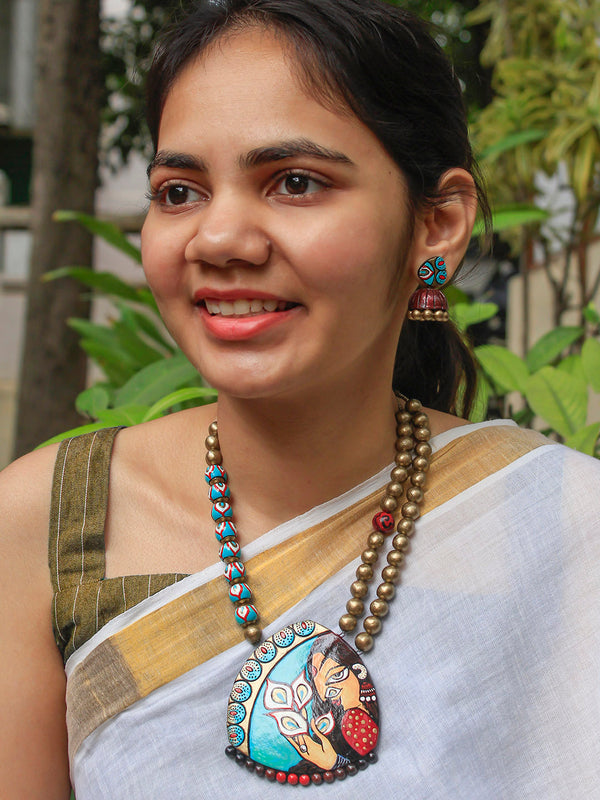 Warli Art Woman Painting Blue Maroon White Antique Bronze Handmade Terracotta Necklace Set