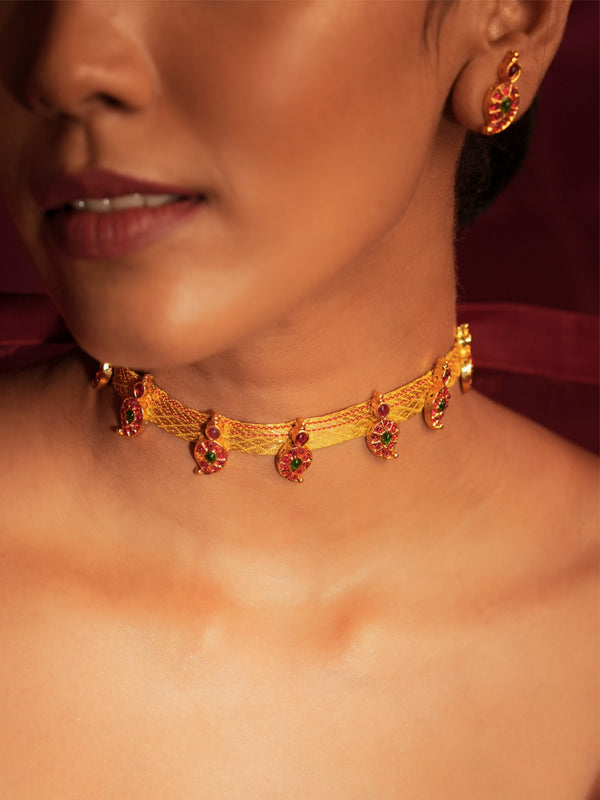 Gold Tone Yellow Zari Temple Choker Necklace Set