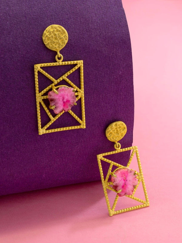 Contemporary Designer Gold Plated Pink Color Solar Druzy Semi Precious Stone Geometric Design Earring By Avismaya