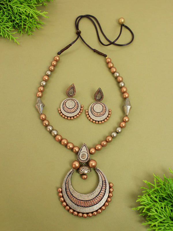 Antique Gold Toned Halfmoon Design Pendant Medium Handmade Terracotta Necklace Set