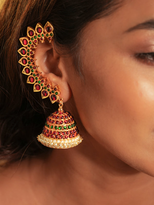 Gold tone temple Earring- Ear Cuff with Jhumka