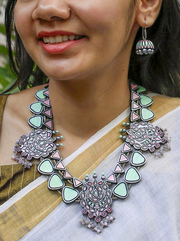 Pastel Shade Multicolour Silver Pastel Green Pink Geometric Design Handmade Teracotta Handmade Terracotta Necklace Set