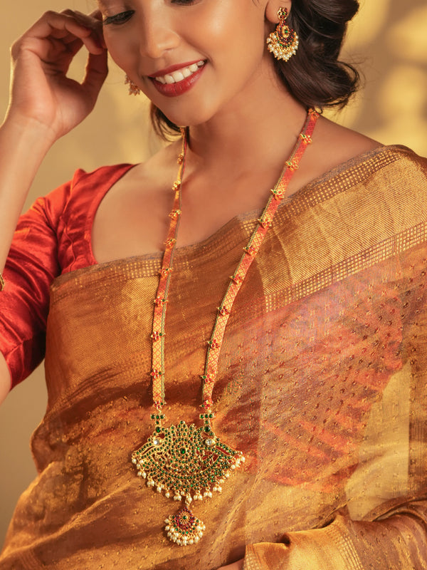 Gold Tone Temple Necklace Set- Orange and green Zari haaram