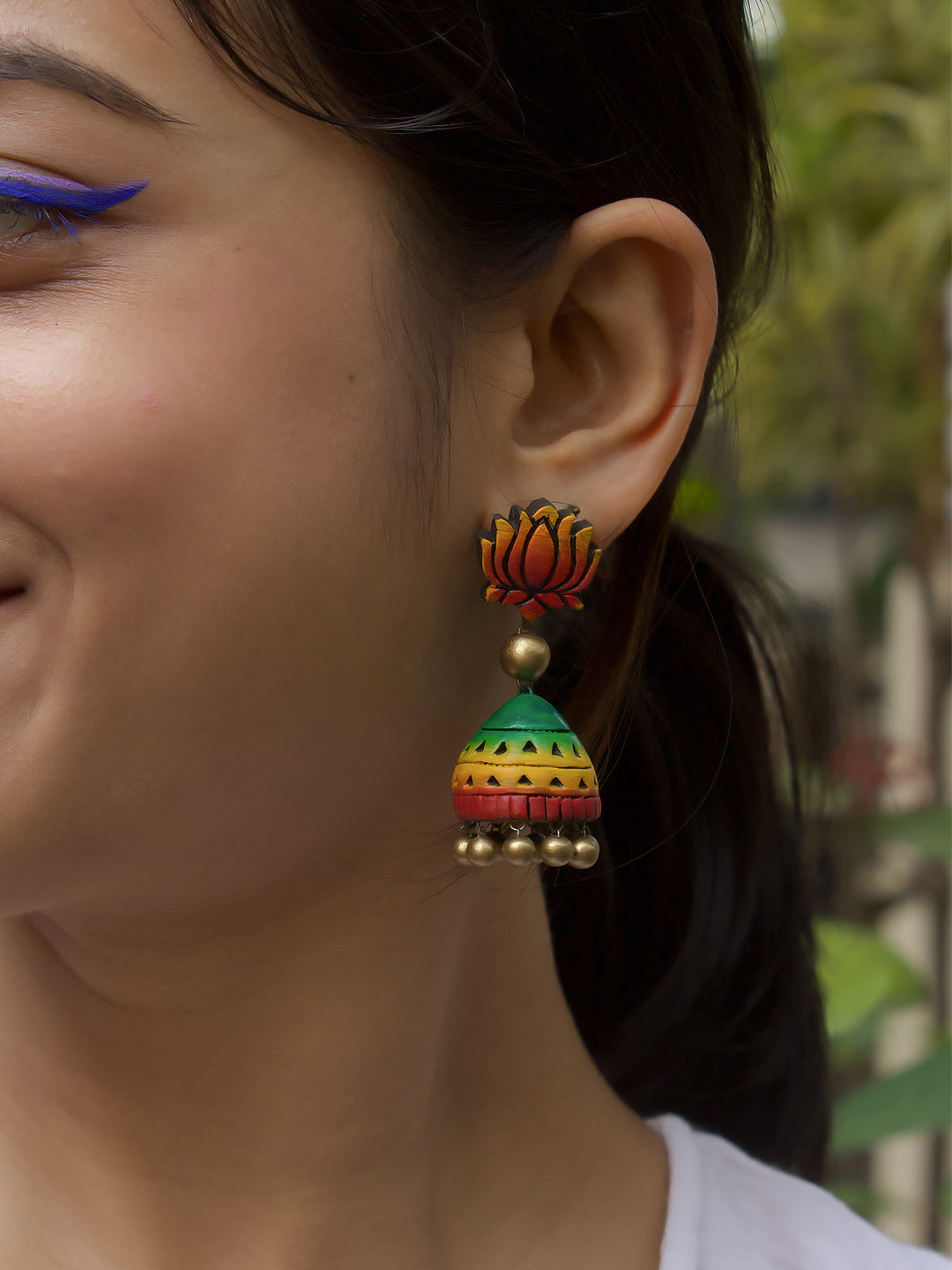 Lotus Design Handmade Terracotta Antique Gold Yellow Maroon Green Jhumka Earring