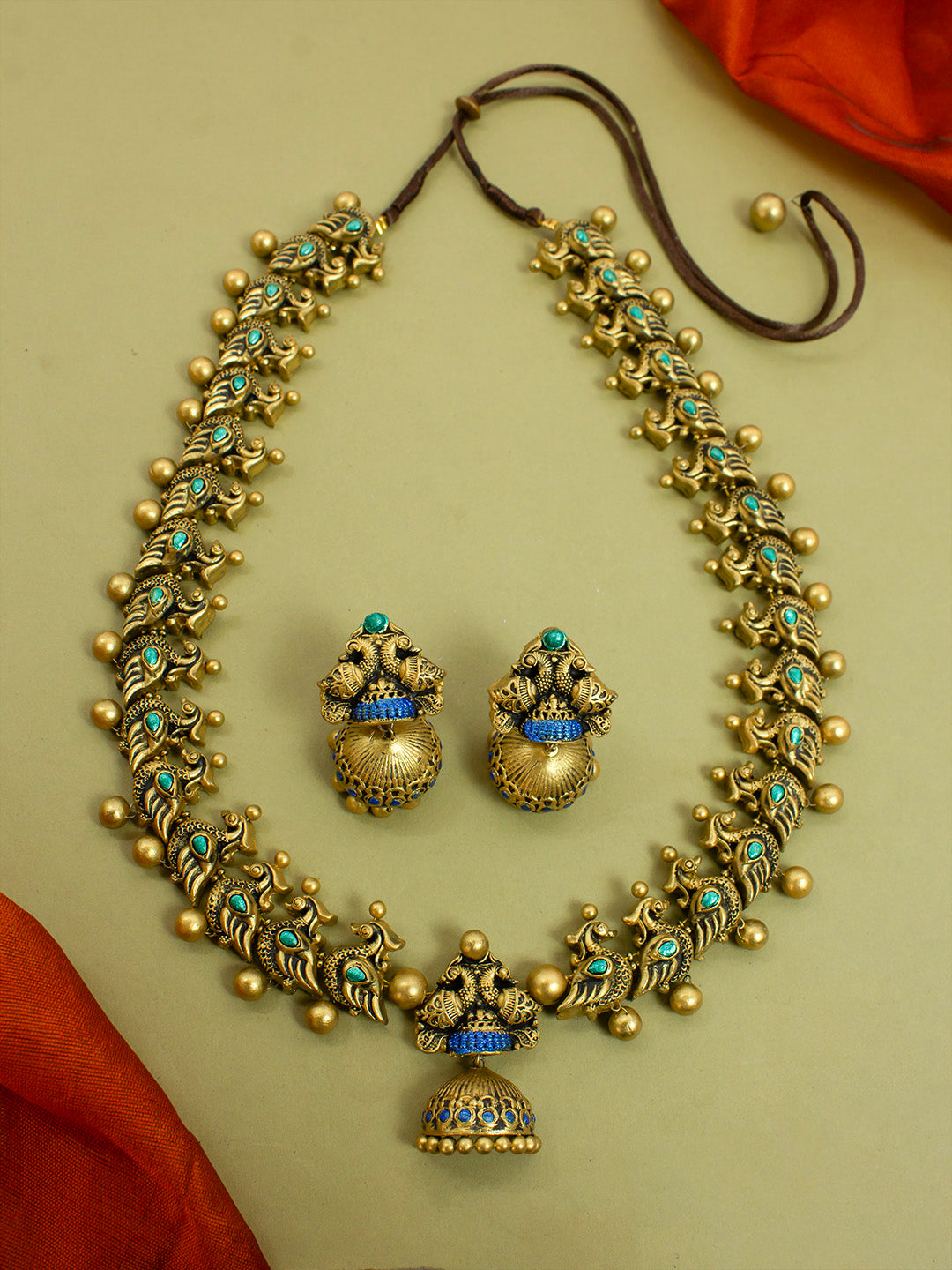 Traditional Peacock Design Antique Gold Blue Aqua Green Haram Long Handmade Terracotta Necklace Set