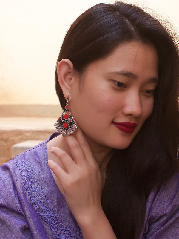 Silver Plated Crescent Design Red And Black Color Enamel Painted With Hanging Silver Beads Dangler Earring