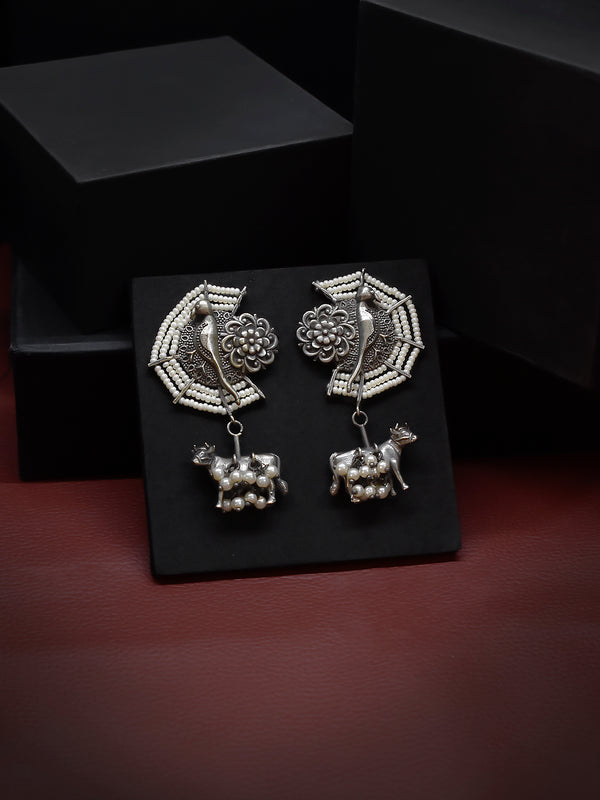 Silver Plated Cow Design With Hanging White Color Pearl Dangler Earring