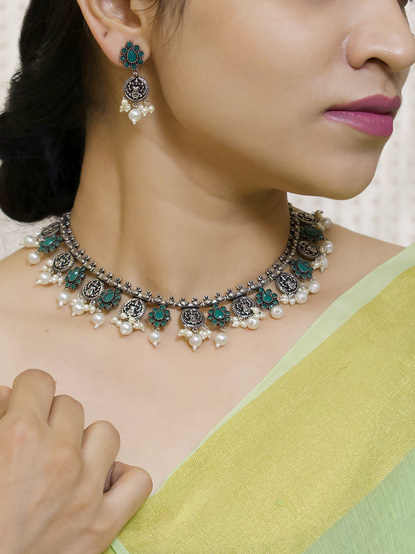 Silver Plated Lakshmi Design Coins Green Color Artificial Stone With Hanging White Pearls Necklace Set For Women