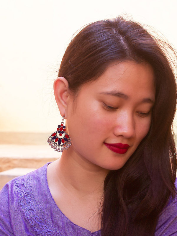 Floral Design Red and Blue Dangler Afghani Earring