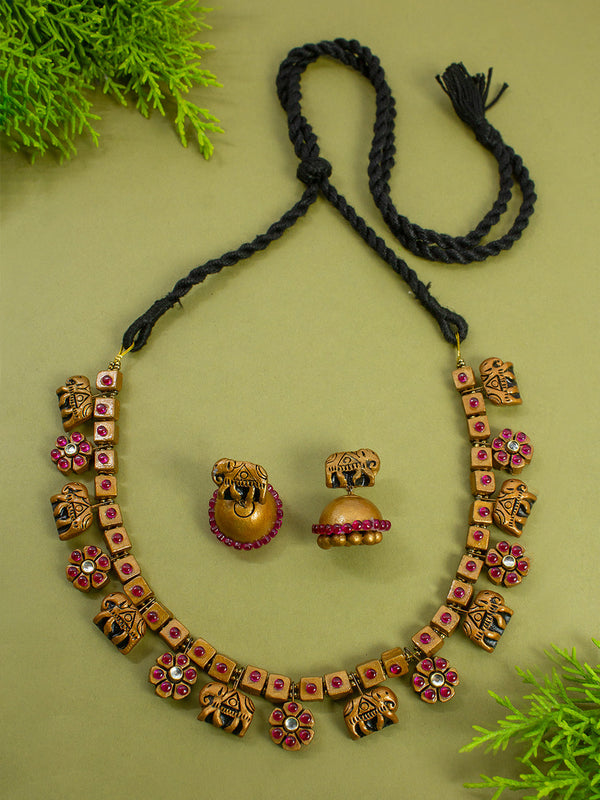 Elephant Design Hand Painted Finish Terracotta Jewellery Set