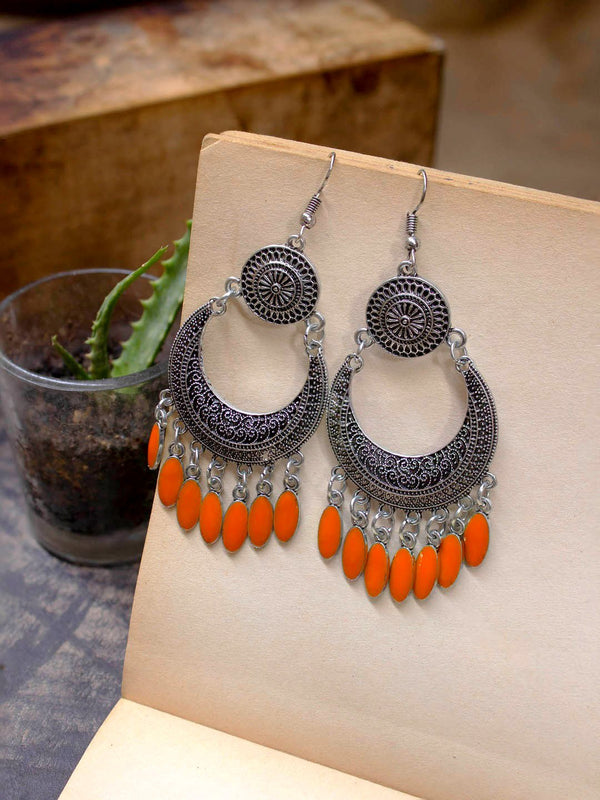 Silver Plated Filigree Design Orange Color Enamel Paint Hanging Beads Dangler Earring