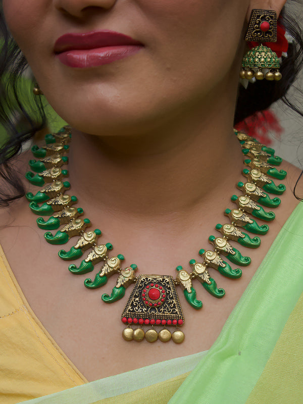 Peacock Design Pattern Mandal Art Work Pendant Antique Gold Red Green Long Handmade Terracotta Necklace Set