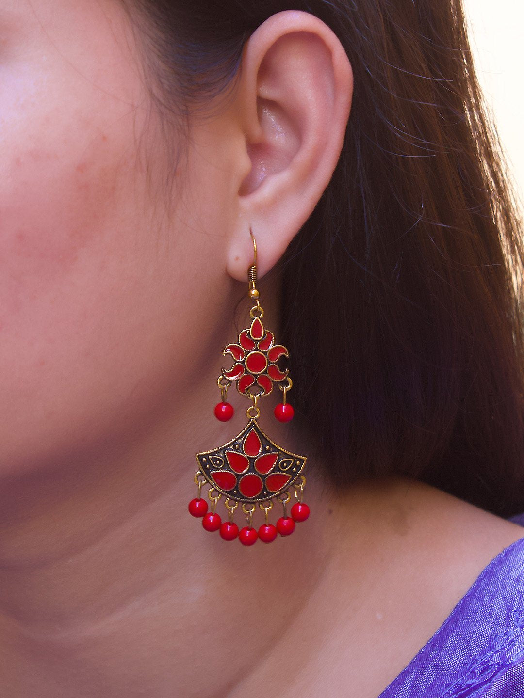Floral Design Red Dangler Afghani Earring