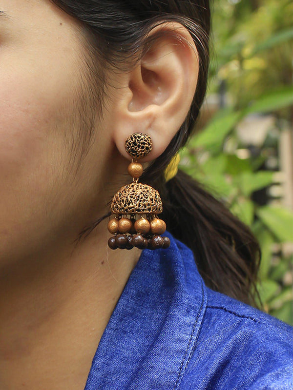 Brown Gold Ball Design Handmade Terracotta Jhumka Earrings