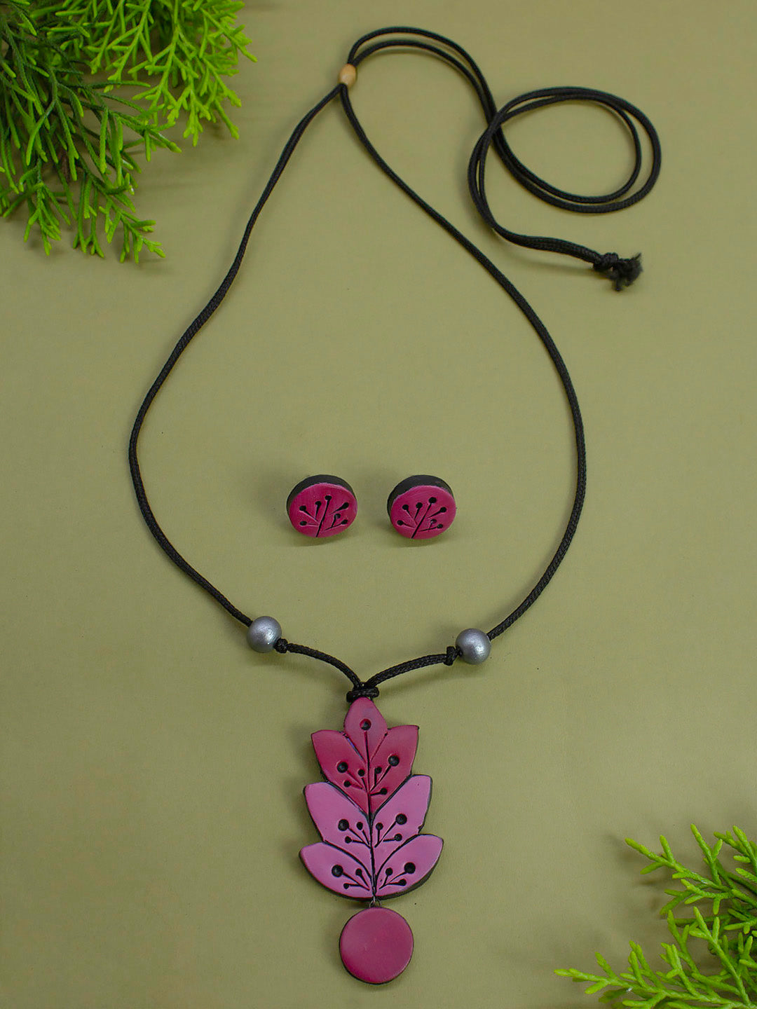 Minimalistic Lemon Yellow Flower Pink Green Design Handmade Terracotta Necklace