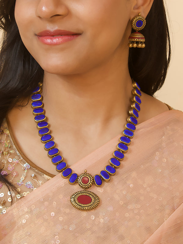 Rectangular Rounded Pattern Blue Maroon Antique Gold Haram Style Handmade Terracotta Necklace Set