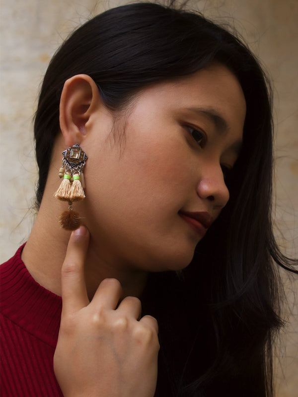 Brown Color Tassel With Pom Pom Hanging Earring