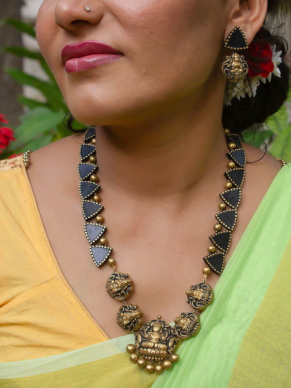 Triangular Pattern Design Lakshmi Pendant Design Antique Gold  BlackTone Long Handmade Terracotta Necklace Set