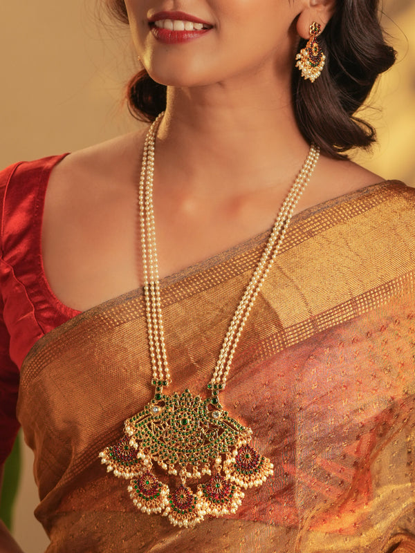 Gold Tone Temple Necklace Set- Pearl Haaram Red and green