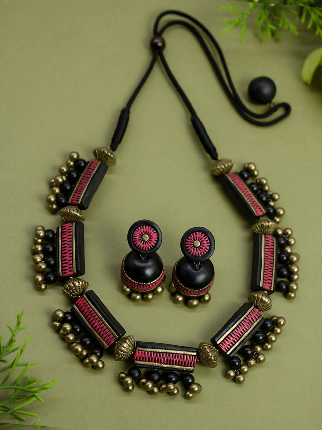 Rectangular Design Antique Gold Black and Pink Handmade Terracotta Necklace Set