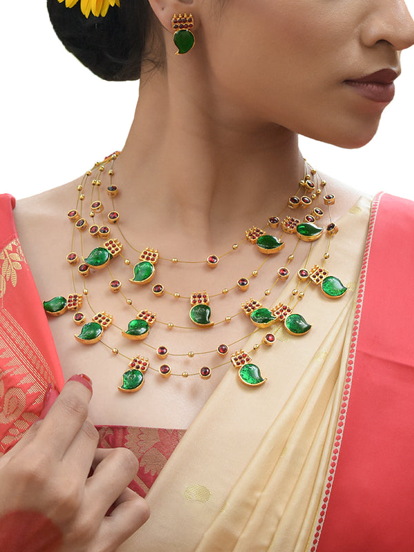 High Quality Gold Plated Multilayered Mango Motifs Green Color Enamel Painted With Maroon Color Kemp Stones Necklace Set