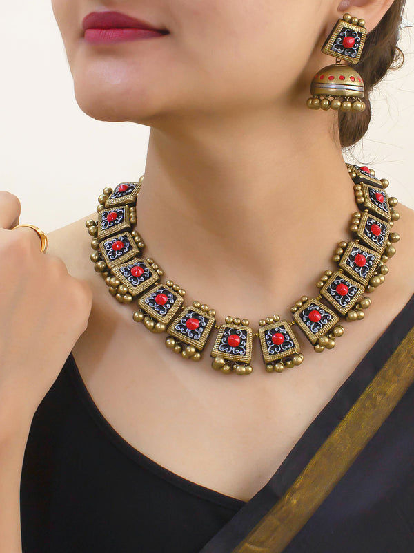 Designer Handmade Antique Gold Geometric Design Choker Handmade Terracotta Necklace Set