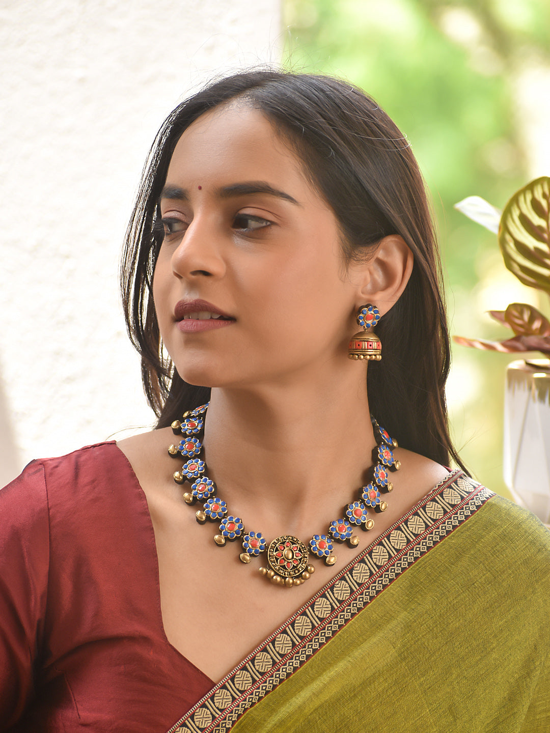 Terracotta Blue Floral Motif Necklace with Center Pendant