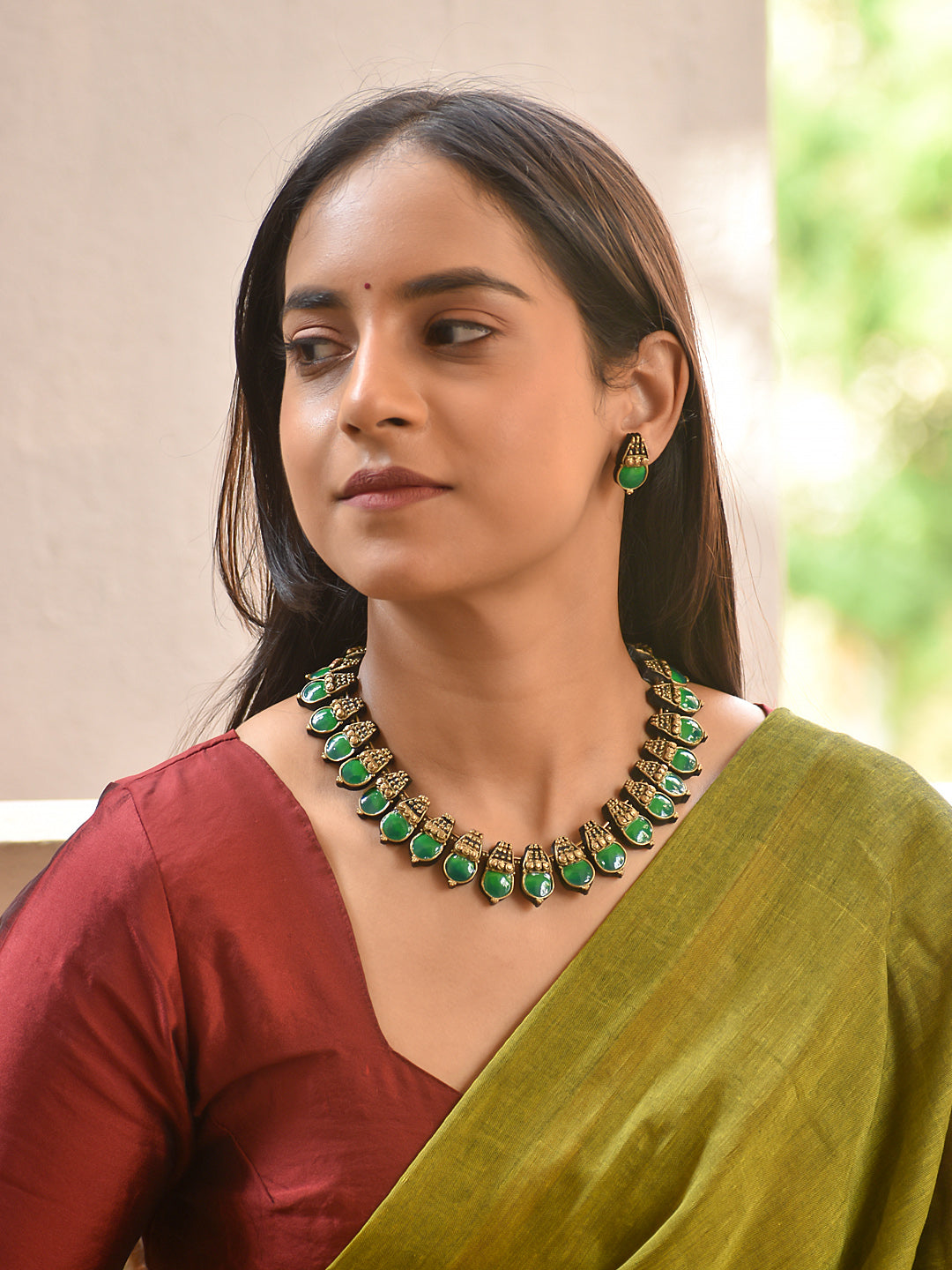 Terracotta Green Drop Temple Necklace Set
