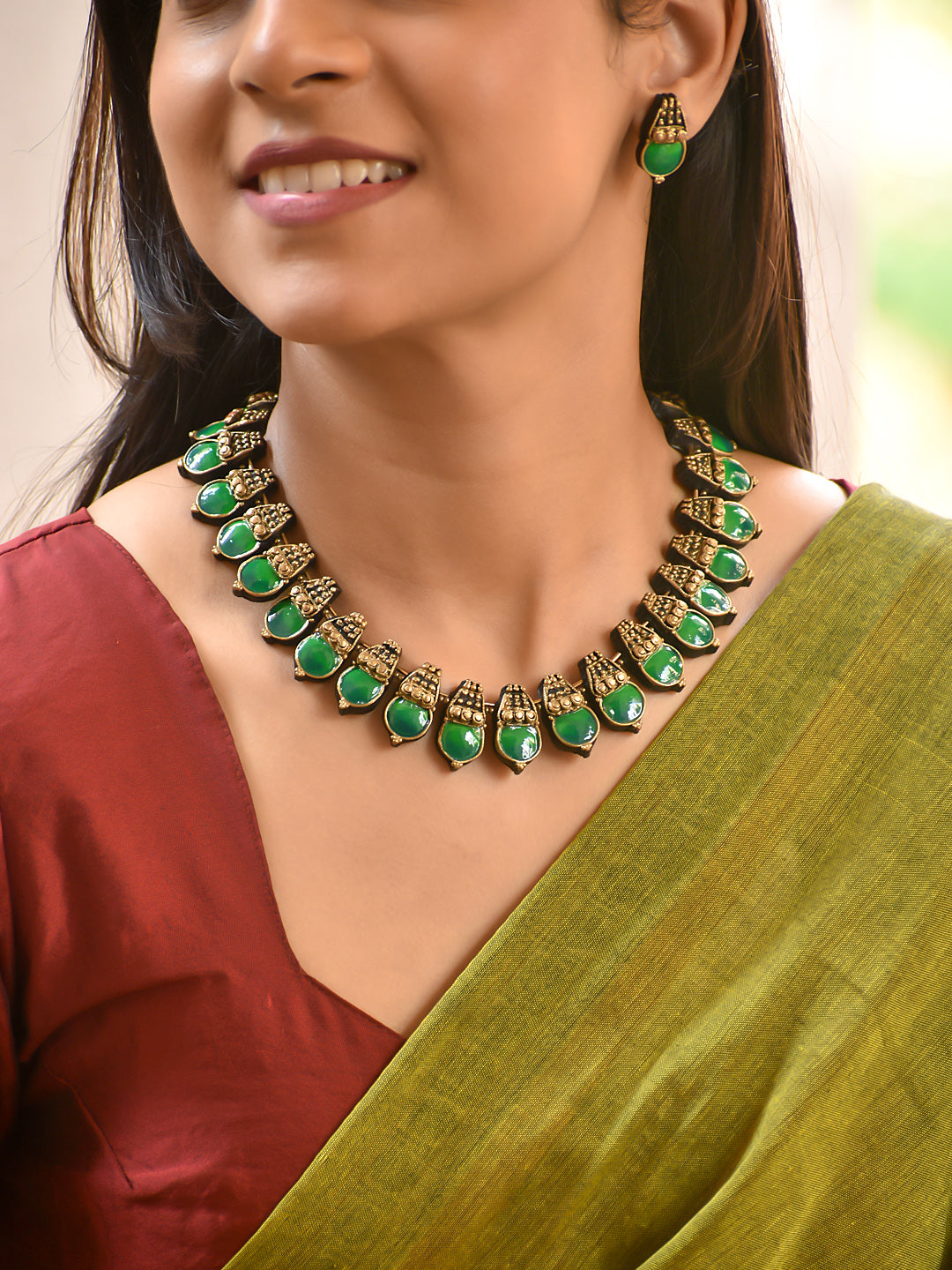 Terracotta Green Drop Temple Necklace Set