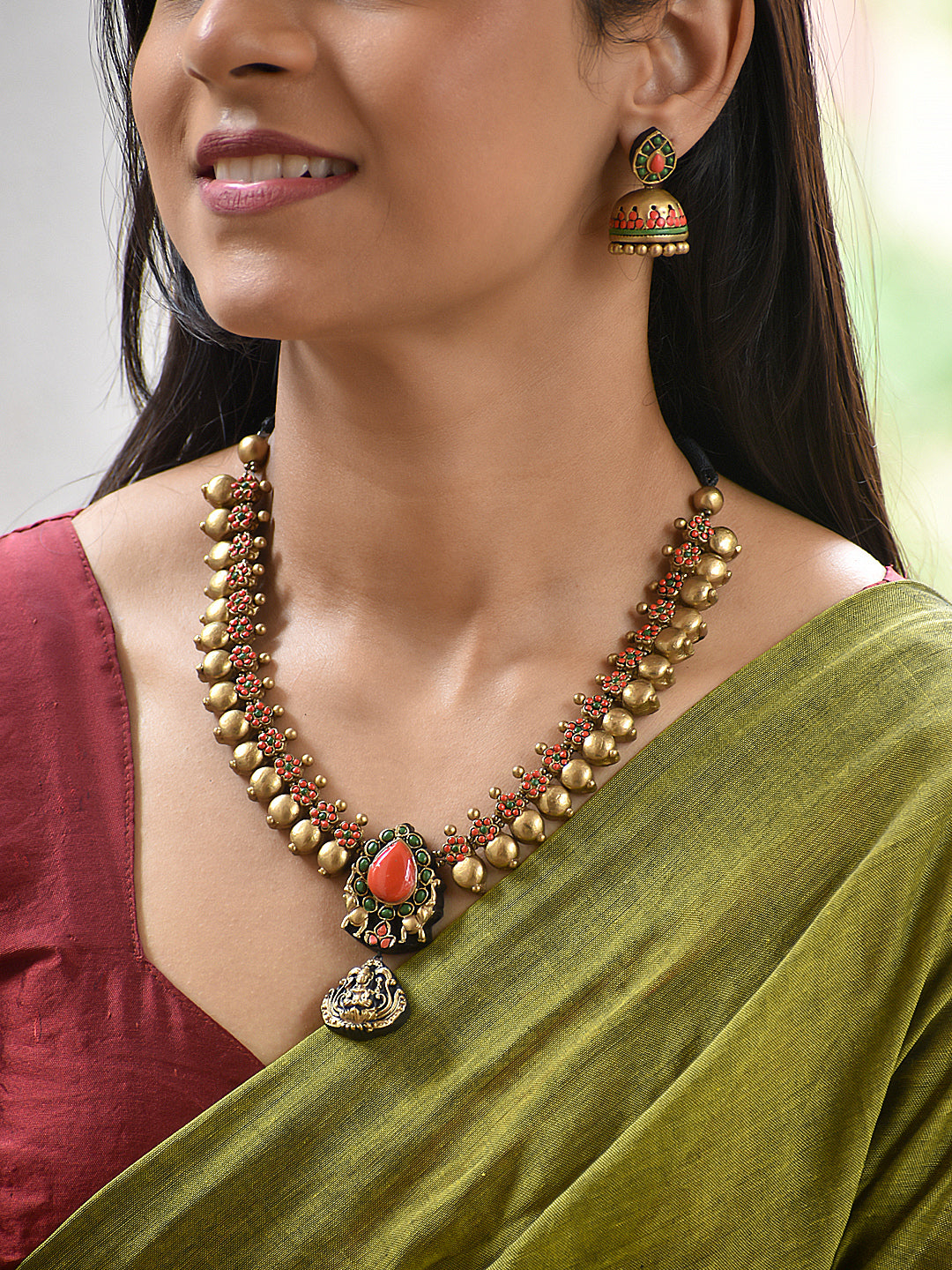 Terracotta Statement Necklace with Floral Drop Pendant