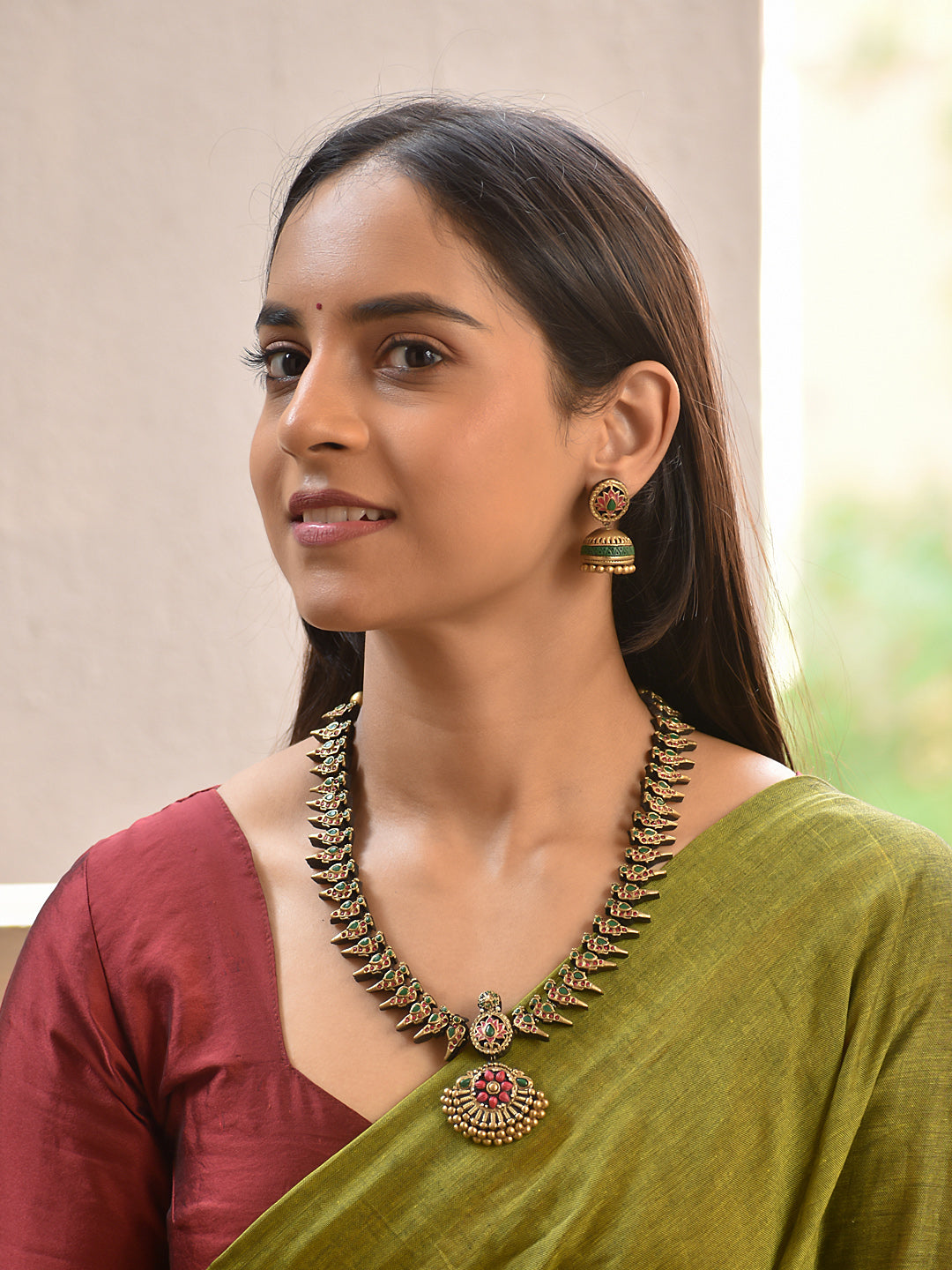 Terracotta Layered Motif Necklace with Ornate Pendant