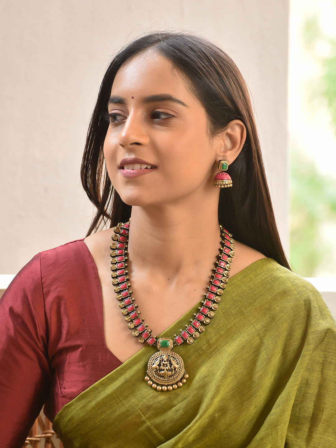 Terracotta Square Stone Necklace with Temple Pendant