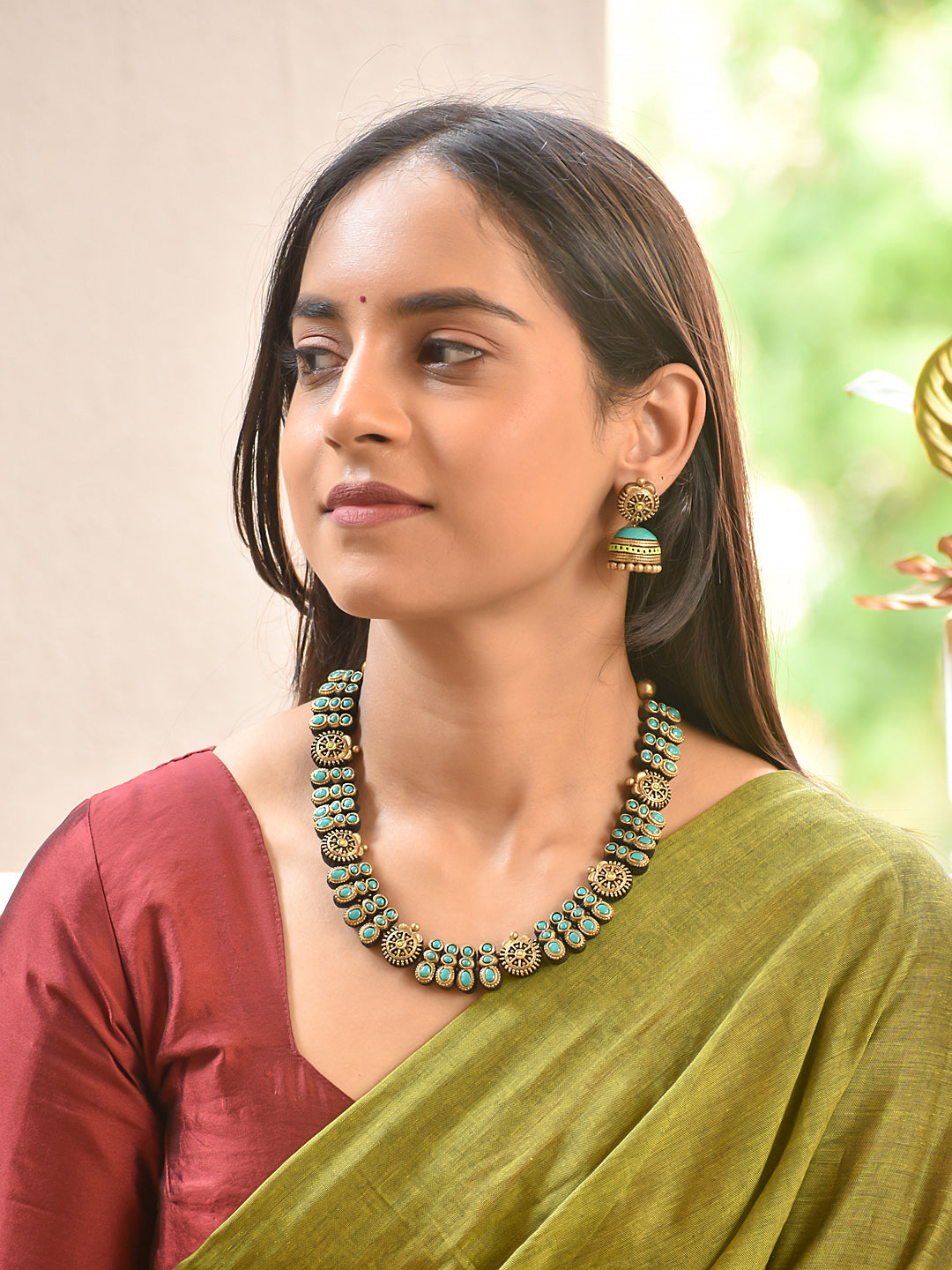 Terracotta Turquoise Stone Necklace with Circular Motifs