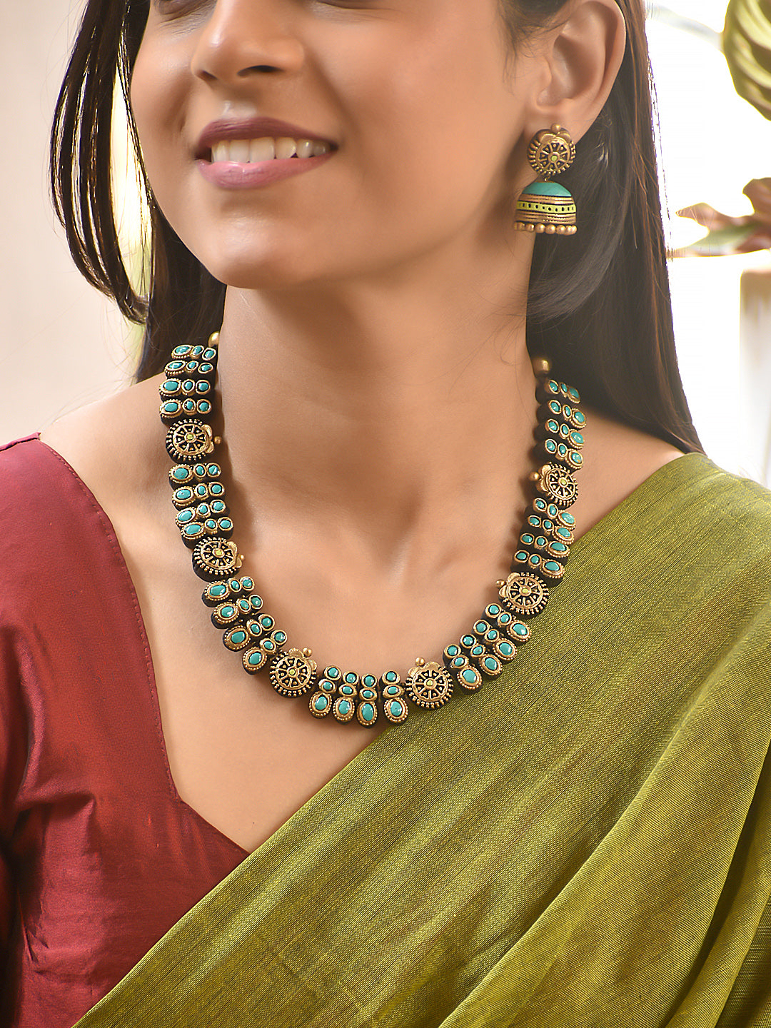 Terracotta Turquoise Stone Necklace with Circular Motifs