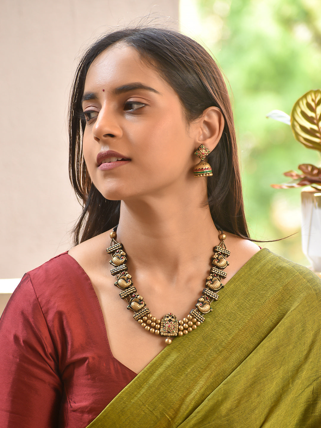 Terracotta Temple Motif Necklace with Bead Detailing