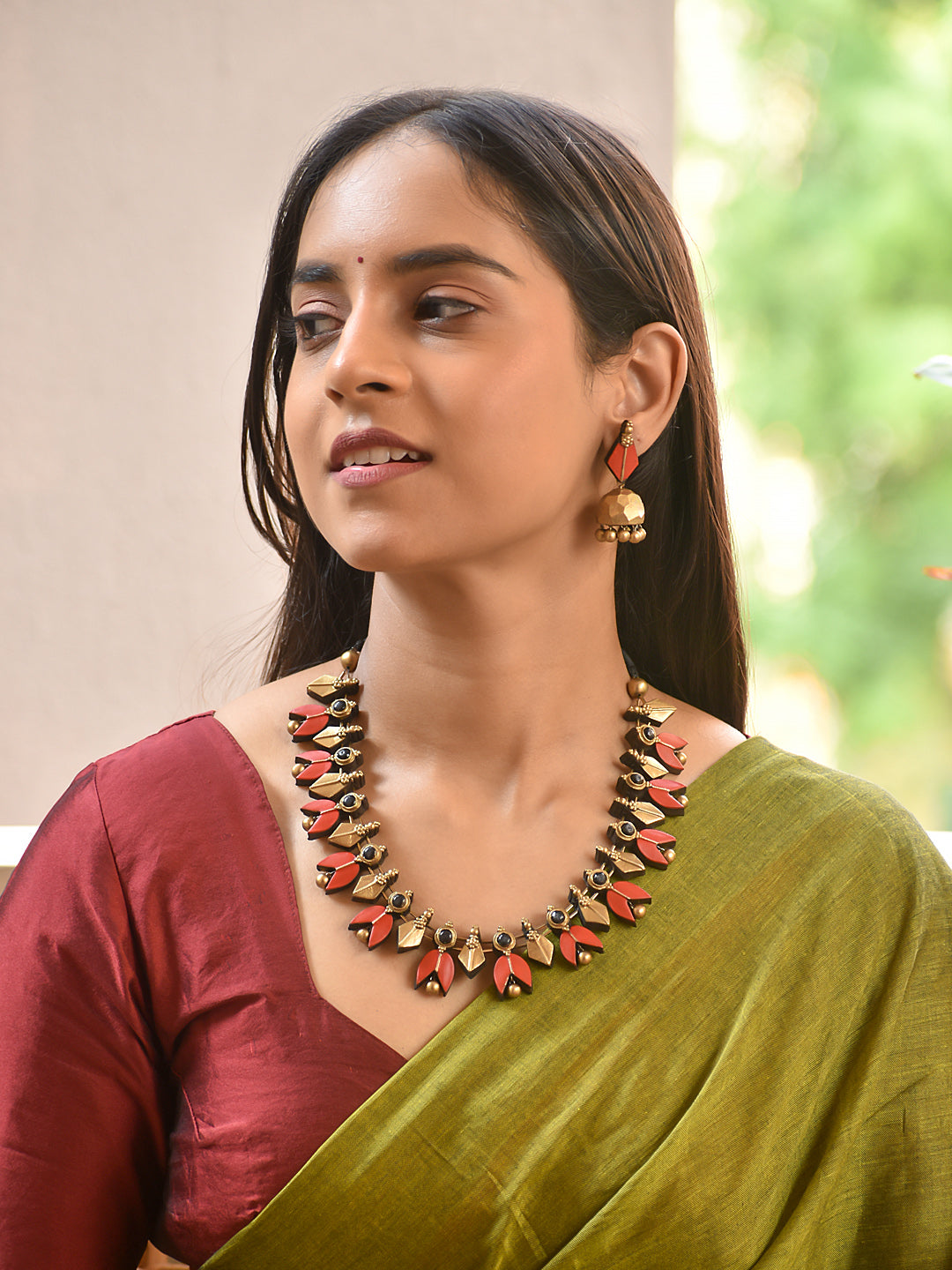 Terracotta Leaf Motif Necklace with Geometric Drops