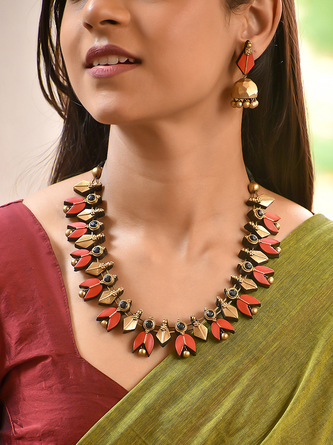 Terracotta Leaf Motif Necklace with Geometric Drops