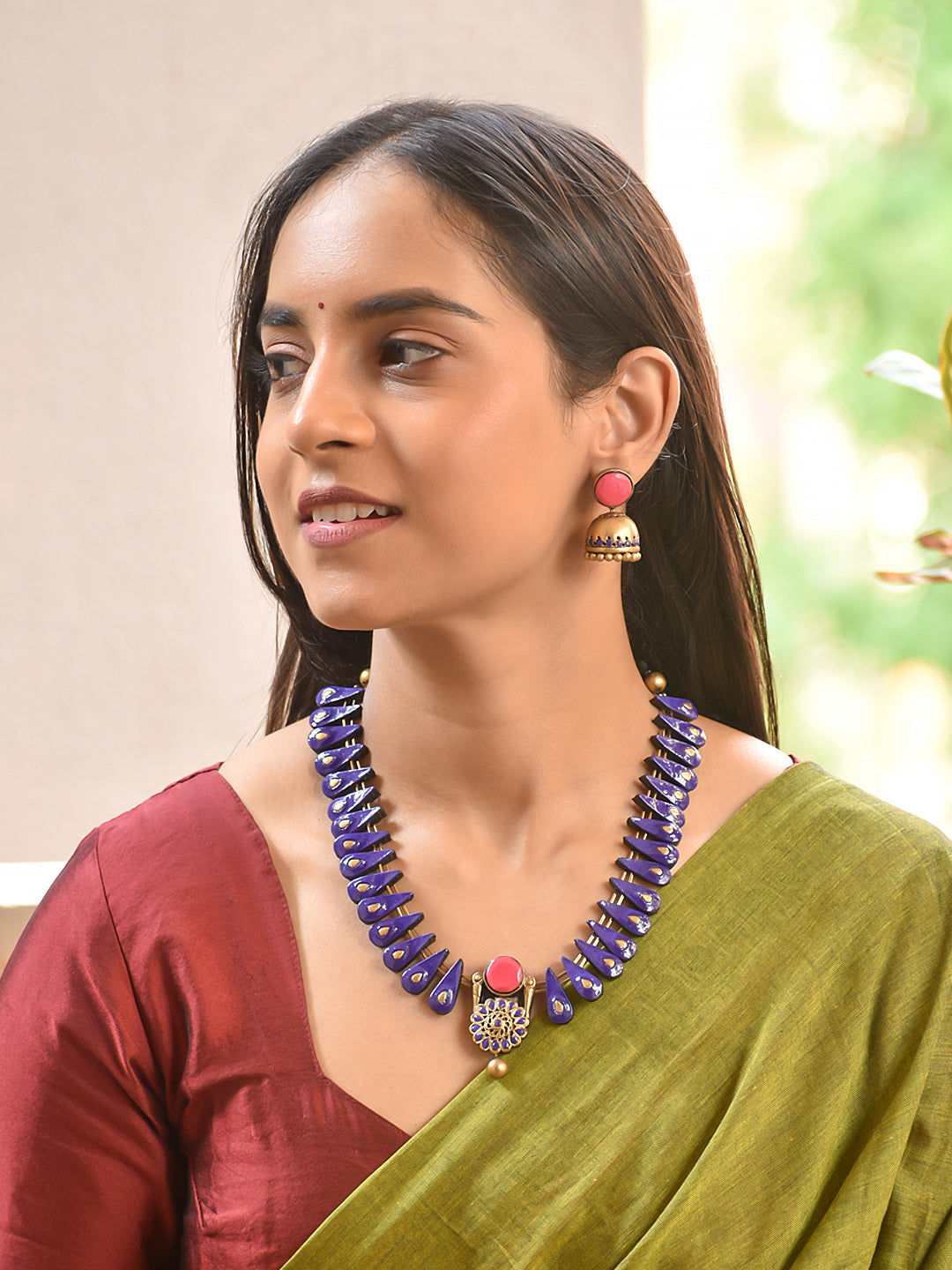 Terracotta Blue Drop Necklace with Floral Centerpiece