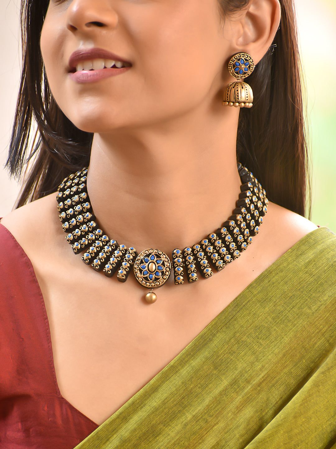 Terracotta Blue Stone Choker with Intricate Detailing