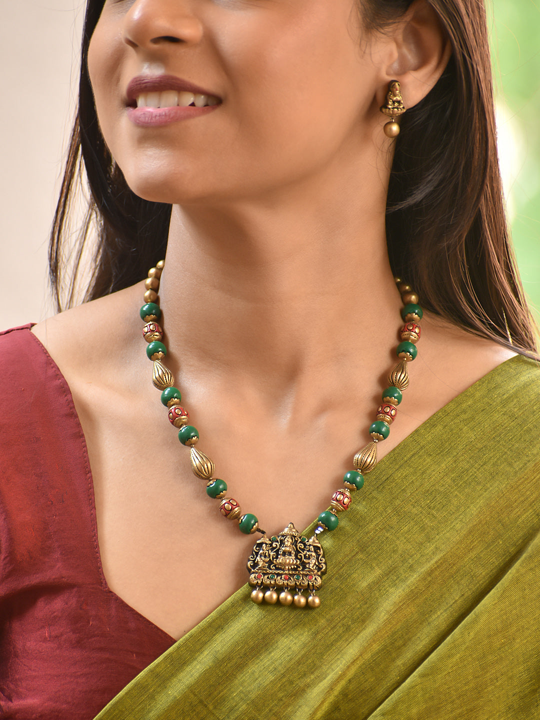 Terracotta Green Bead Temple Pendant Necklace Set
