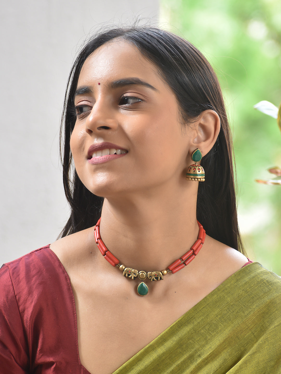 Terracotta Coral Bead Elephant Choker Necklace Set