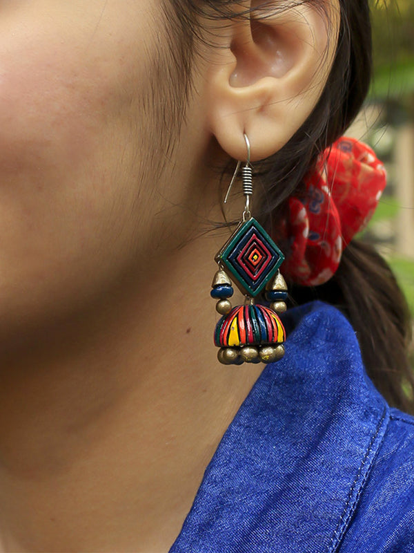 Green Blue Yellow Bronze Pink Orange Geometric Design Handmade Terracotta Jhumka Earring